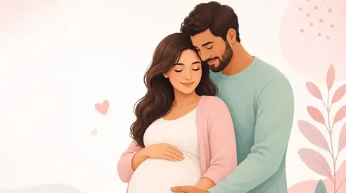 Happy expecting parents using an offline pregnancy toolkit